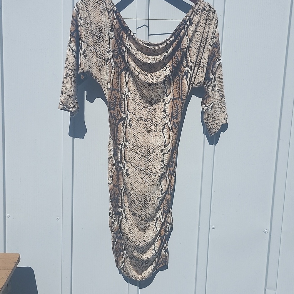 Snake Print Bodycon Dress – Brown & Tan Animal Print – Sexy Ruched Mini Dress - Picture 3 of 8